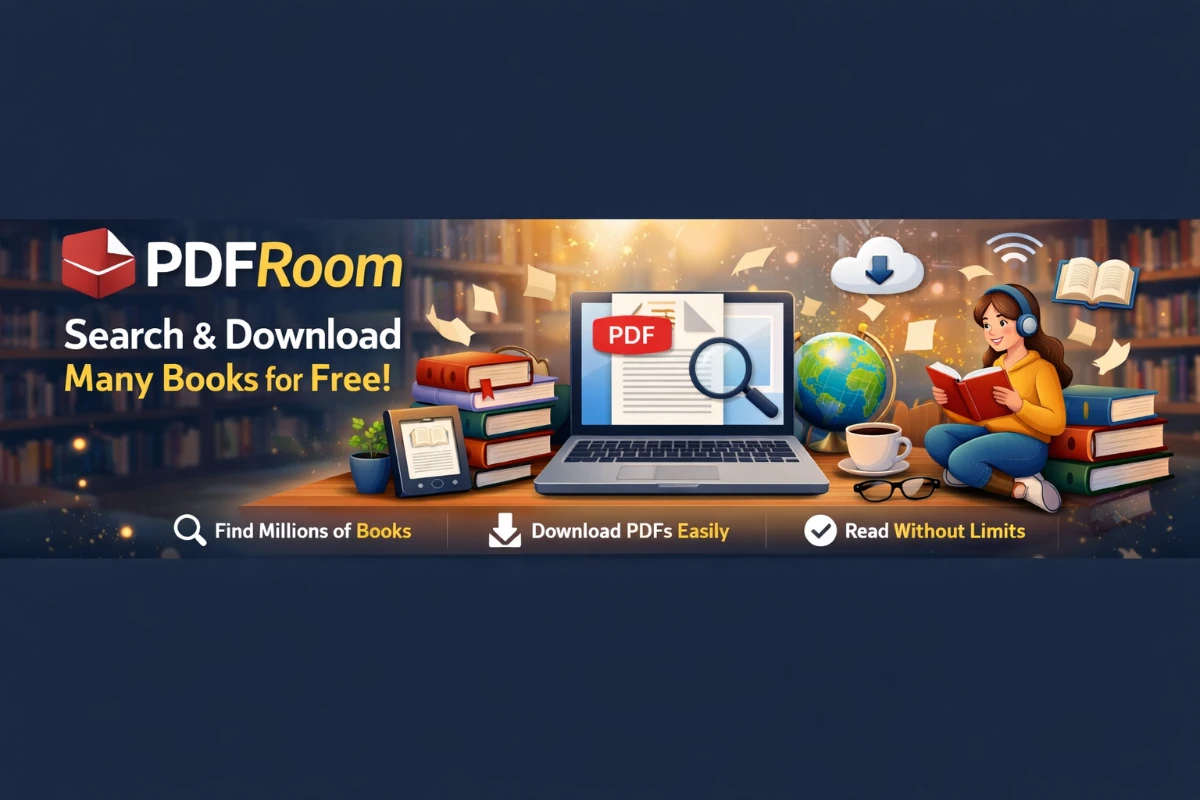 An elegant banner portraying pdfroom as a refined gateway to free ebook downloads and thoughtful reading